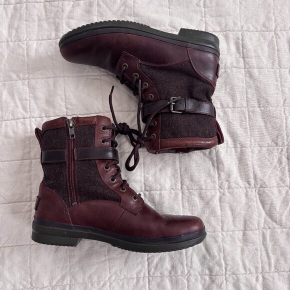 UGG Kesey Womens 9 Brown Leather Shearling Boots Lace Up Zip - Picture 1 of 15